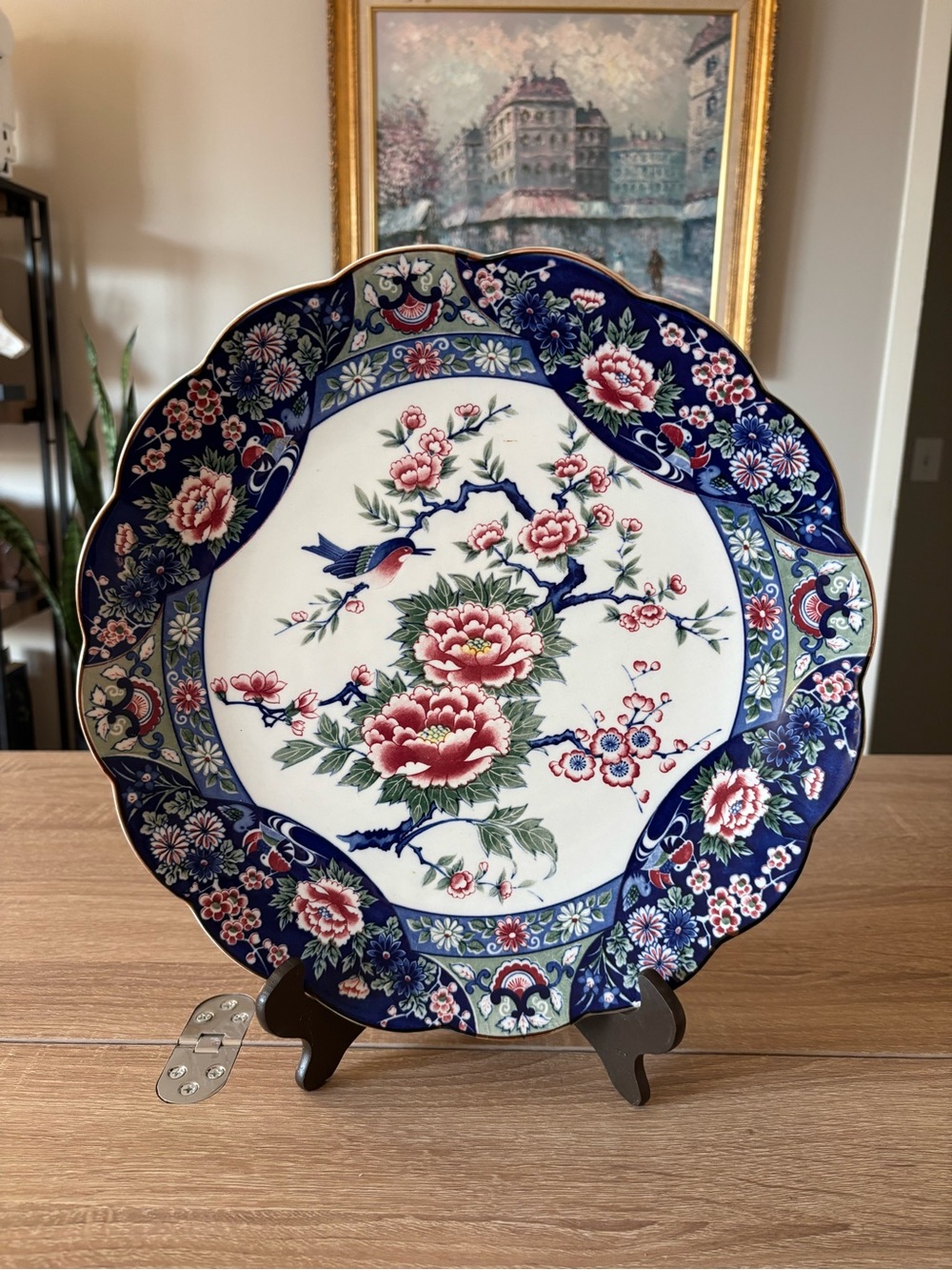 Oriental Tosho Fine China Platter 12.5in - Made in Japan - Blue and Pink Floral